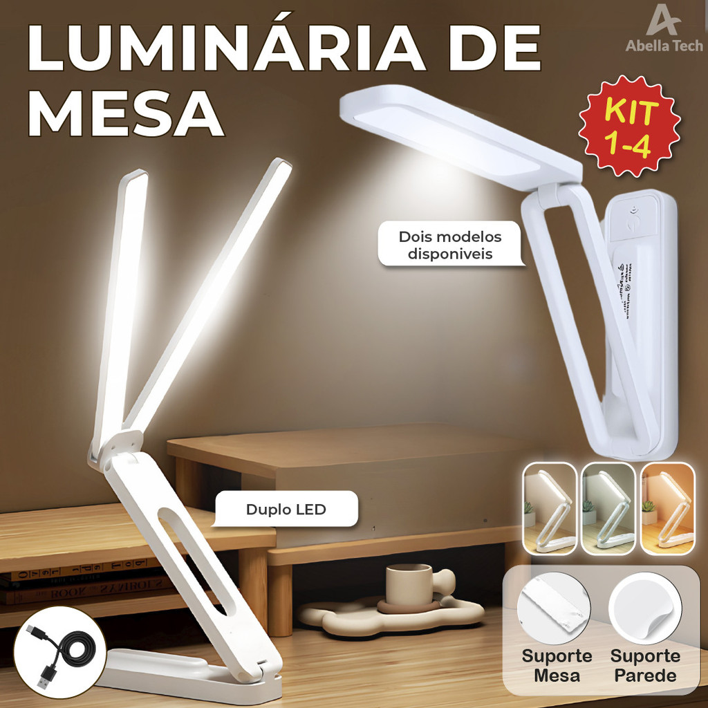 Kit 4 Luminária de Mesa Abajur Led Dobrável 3 Tons de luz suporte articulado USB Bivolt 2 ...