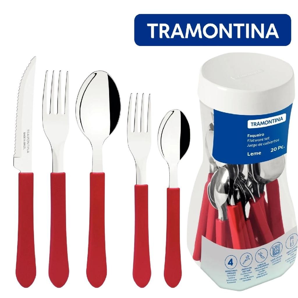 Faqueiro 20 Peças Jogo De Talheres Em Aço Inox Tramontina Leme Vermelho