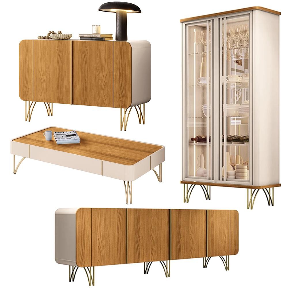 Conjunto 1 Cristaleira 2 Buffets e 1 Mesa de Centro Texas/Virginia/Bambino/Rennes Off White/Cinamomo G26 - Gran Belo