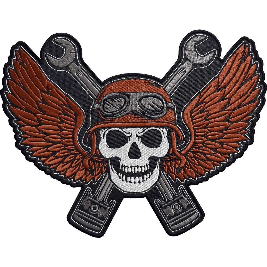 Patch Bordado Caveira Piloto Marrom Brown Skull Motocross P/ Costurar em Colete 30x23 Cav6