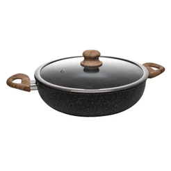 Wok de Indução com Tampa de Vidro 28cm Granilite Preta Alumínio Revestimento Cerâmico Wolff para Cozinha Praticidade Uso