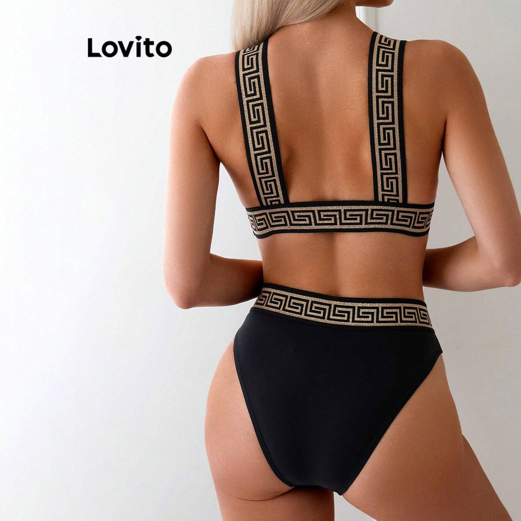 (Trendy) Lovito Conjuntos De Biquíni Casuais Conjuntos De Biquíni Com Fita Contrastante Lisa Para Mulheres LBL16823 - Sports & Outdoors