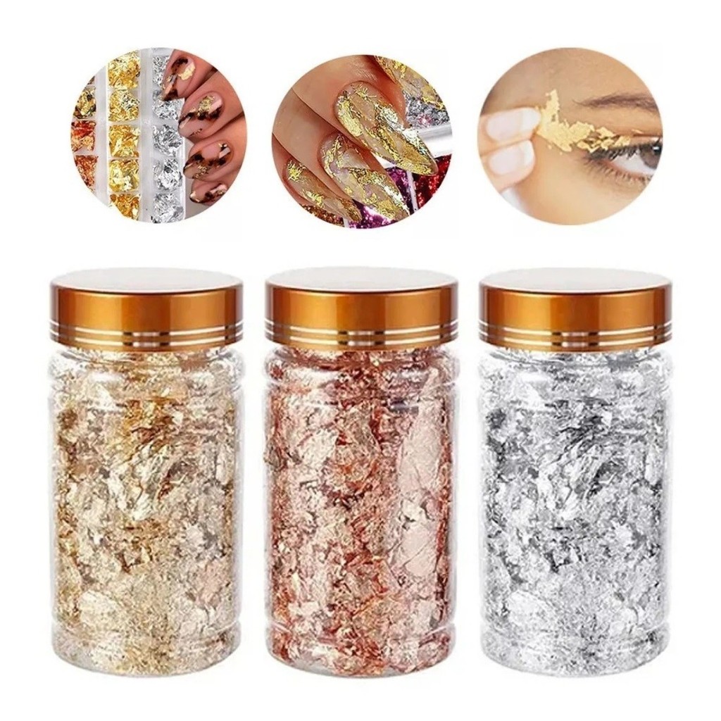 Pote Grande Folha de Ouro Prata Bronze / Resina Epóxi/ Encapsulamento Nails / Alongamento em Oferta na Shopee