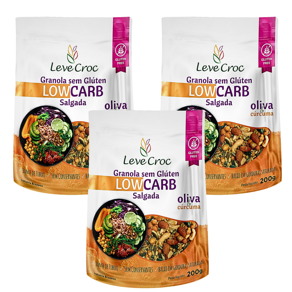 Kit 3 Granola Low Carb Salgada Oliva Cúrcuma 200g Leve Croc