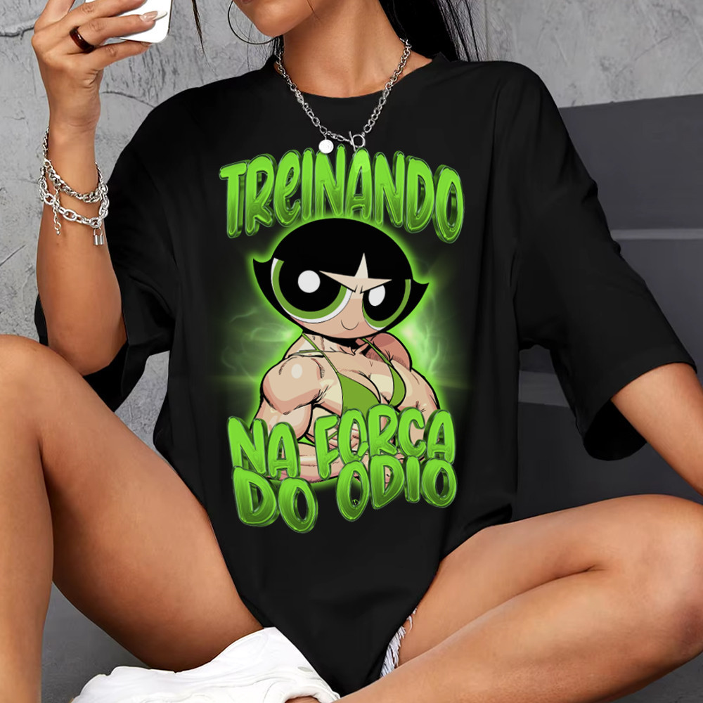 Camiseta Treino Feminina Docinho d Roupas de Academia Look de Treino Super Poderosas Meme Exclusiva Confortavel Casual