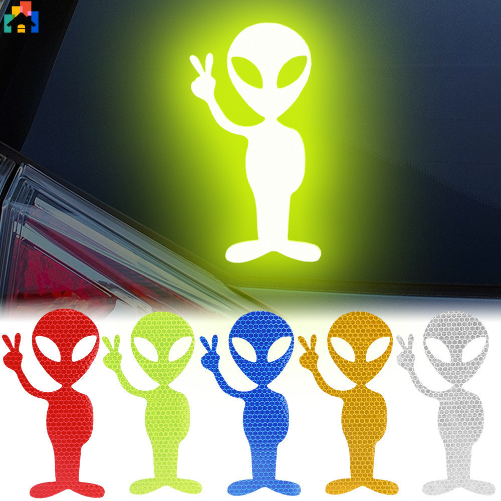 2Pcs Creative Car Reflect Light Stickers Personalidade Autocolantes Moda Alienígena Paz Altamente Refletiva Decalques Resistentes Ao Desgaste De Motocicletas Acessórios