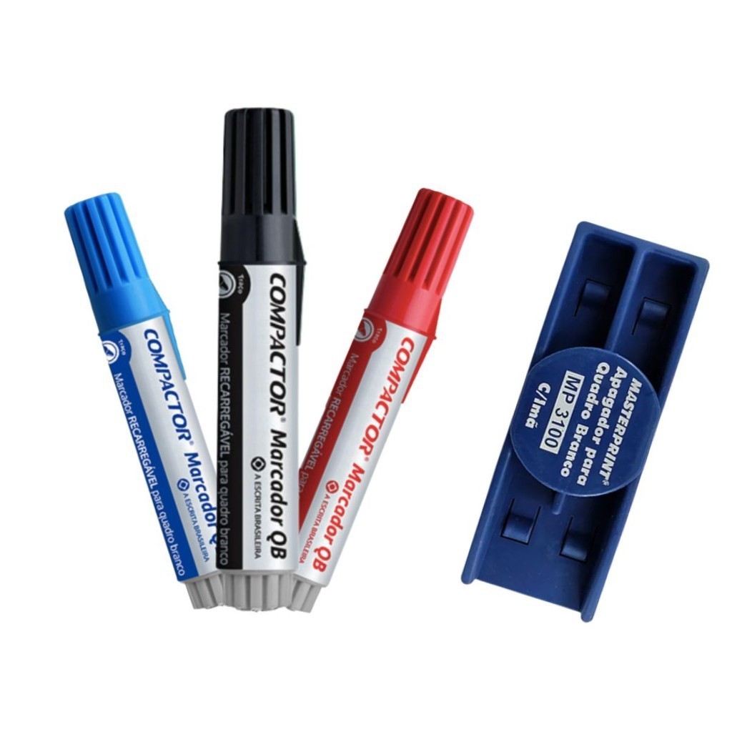 Kit com 3 Marcadores Para Quadro Branco + Apagador - COMPACTOR em Oferta na Shopee