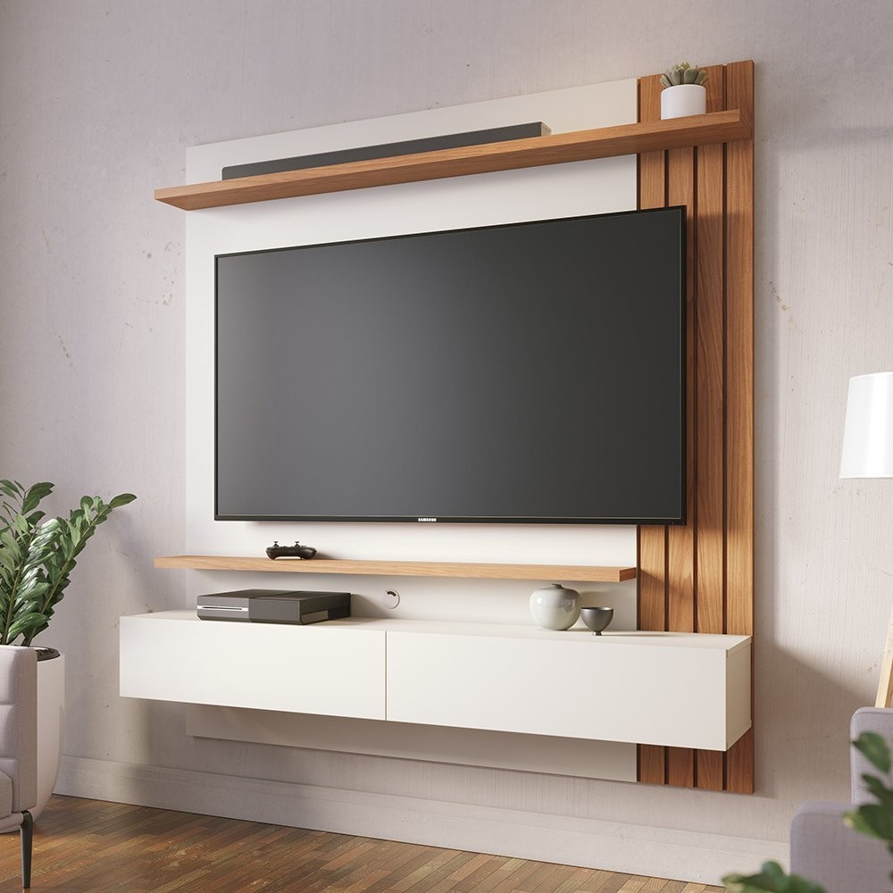 Painel para TV até 65 Polegadas 2 Portas Basculantes 2 Prateleiras Juriti Off White Matte/Freijó - Home & Living