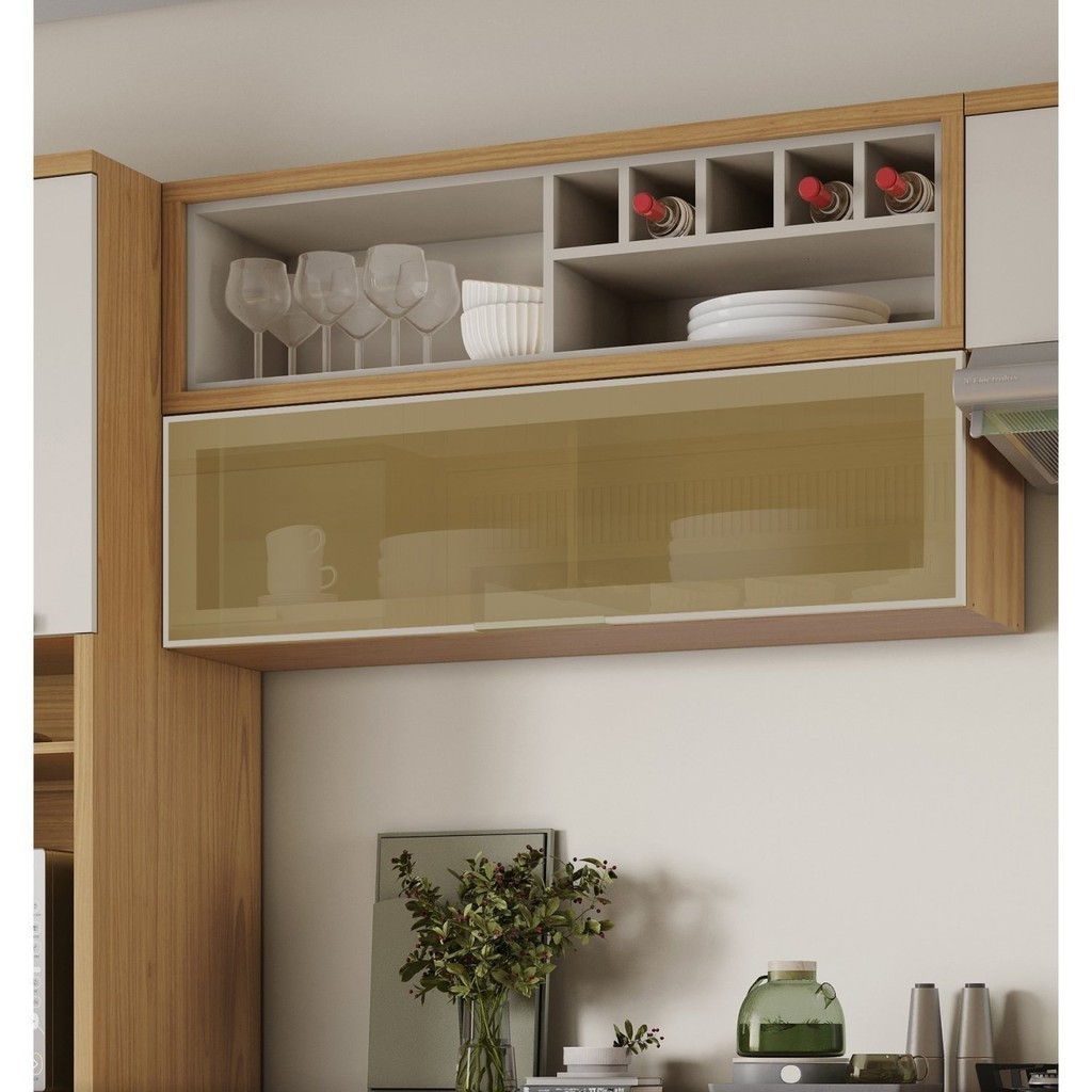 Armário Aéreo de Cozinha 120cm 1 Porta Horizonal Vidro Reflecta e Nicho Garrafeiro New Porto Mdf Itatiaia Off - Home & Living