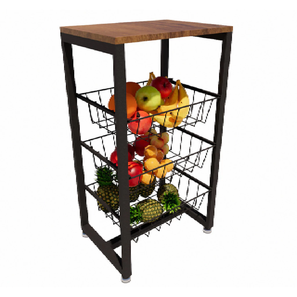 Fruteira 3 Cestos Cozinha Preta Em Aço Base Mdf Amadeirado — imagem 1