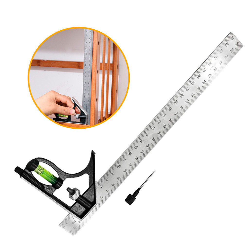 Esquadro Combinado ajustável Inox Nível em Bolha e Régua de 30cm 12 Polegadas Riscador Profissional Carpinteiro Pedreiro