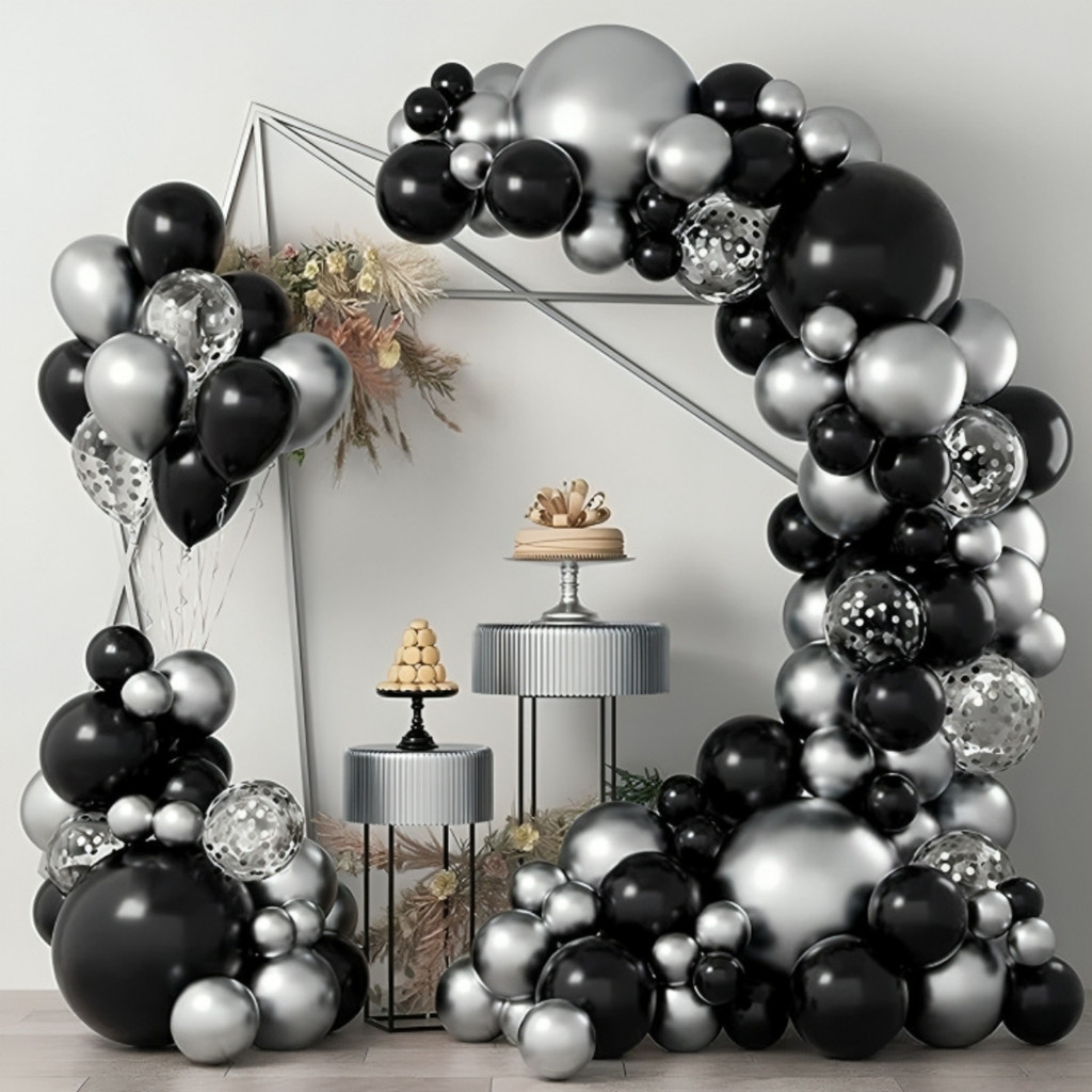 Kit 120 Balões Preto Prata Metalizado Decoração Festa Bexiga Arco Desconstruído Completo + Fita 5m Aniversário