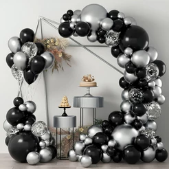 Kit 120 Balões Preto Prata Metalizado Decoração Festa Bexiga Arco Desconstruído Completo + Fita 5m Aniversário