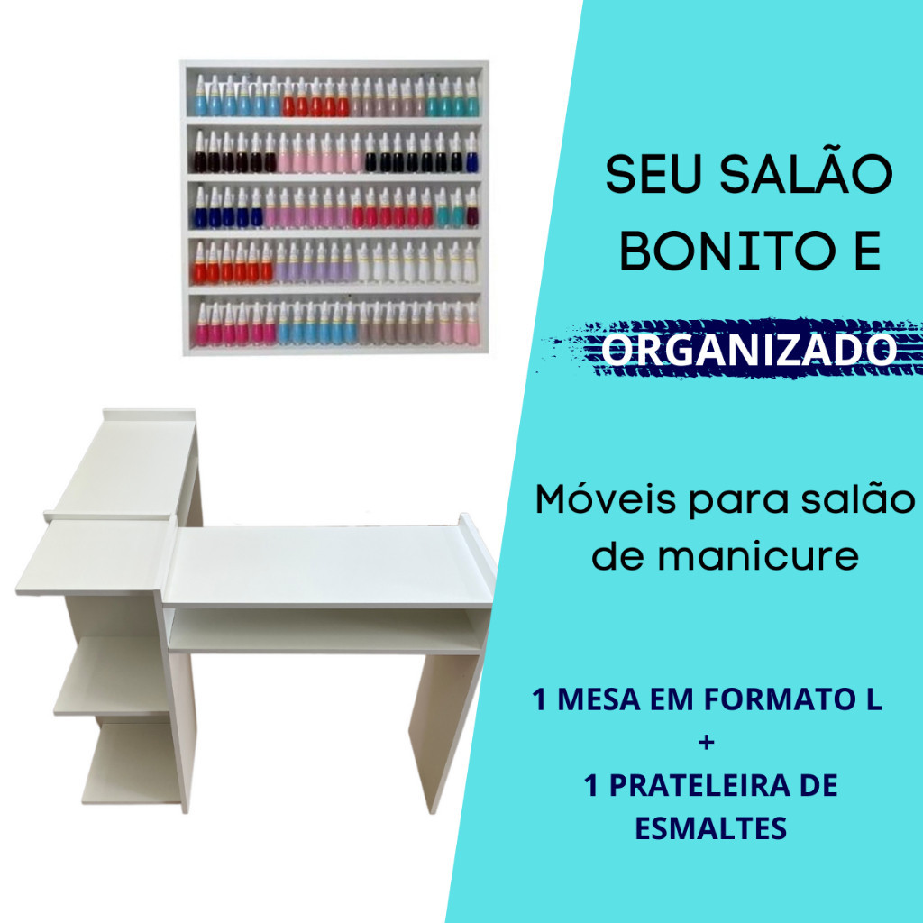 Mesa Mesinha Manicure em L mdf Nicho para 200 Esmaltes Prateleira de Esmaltes Salão de Beleza