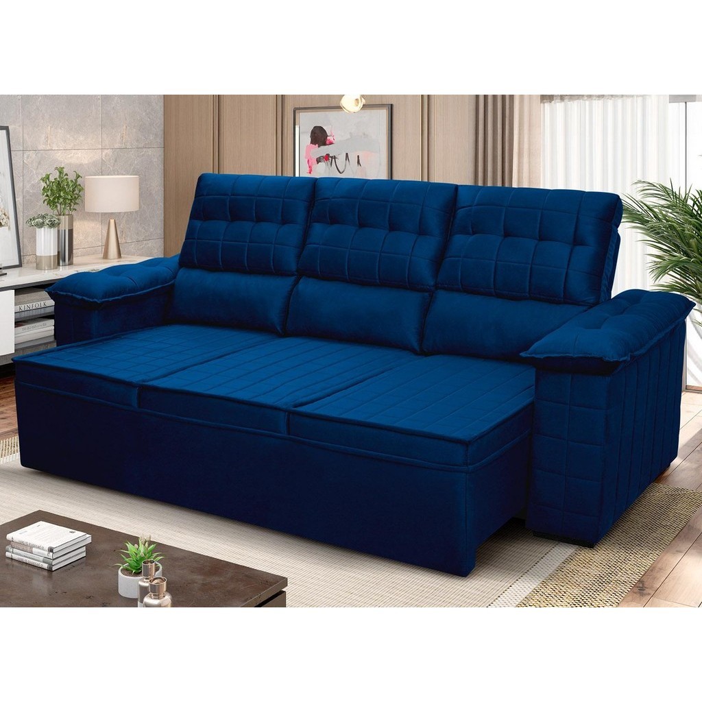 Sofá Retrátil Reclinável 4 lugares 2,30m Quantum Suede Velut Azul - King House em Oferta na Shopee