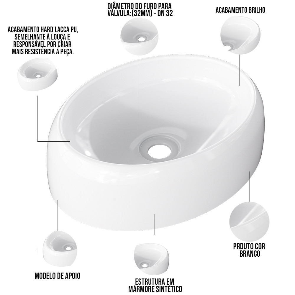 Detalhes do Cuba de Apoio Oval Para Banheiro Lavabo C01 Capri O39 Branco - Lyam Decor