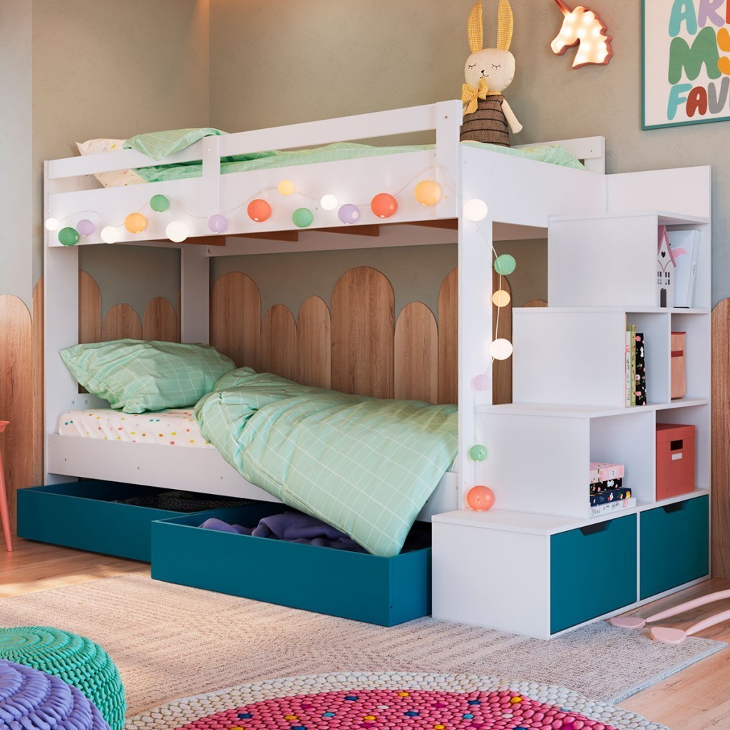 Beliche 4 Gavetas com Escada Branco/Azul Secreto - Completa Móveis em Oferta na Shopee