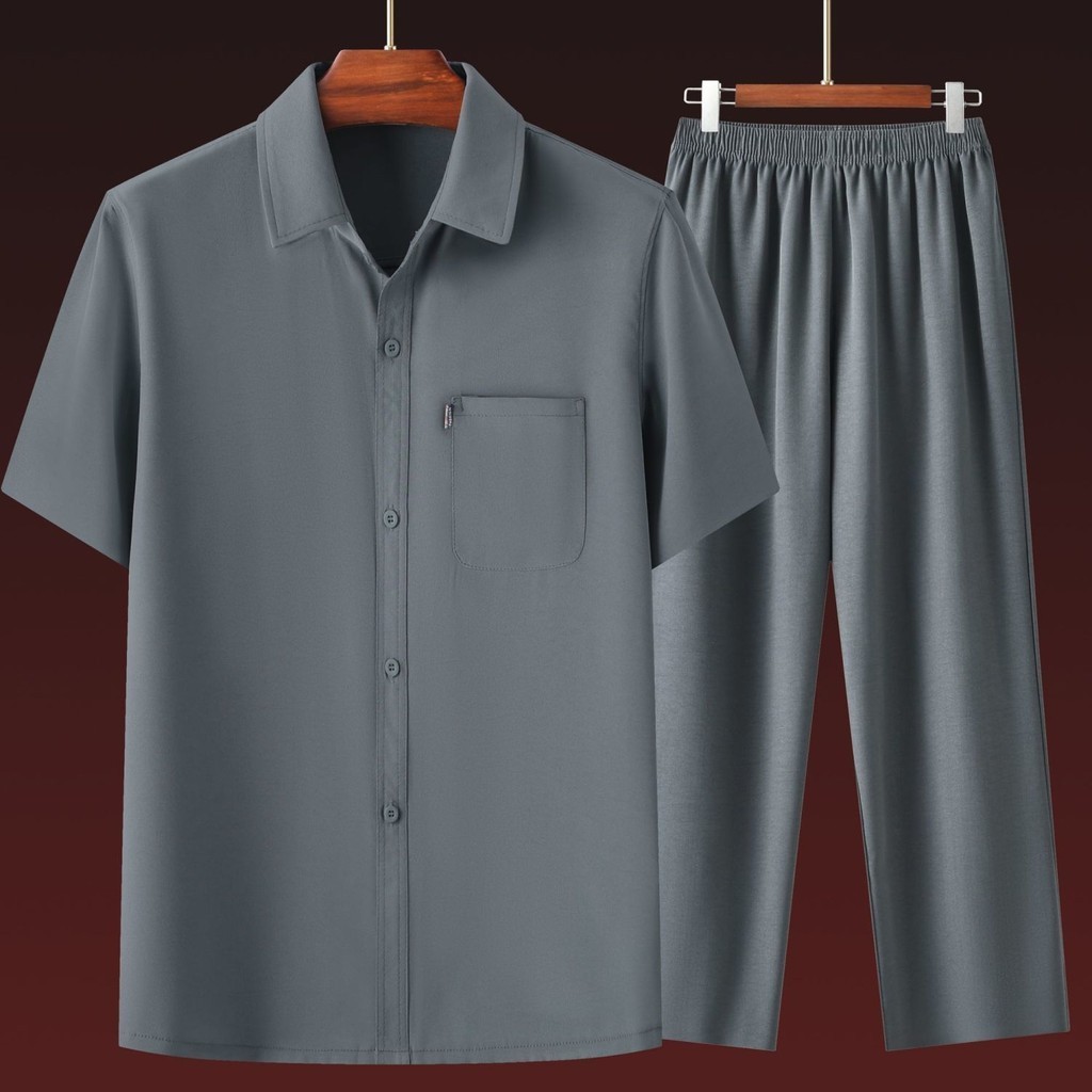 Pai camisa de manga curta de seda gelo terno masculino verão roupas soltas masculinas de meia-idade idosos vovô camisa f