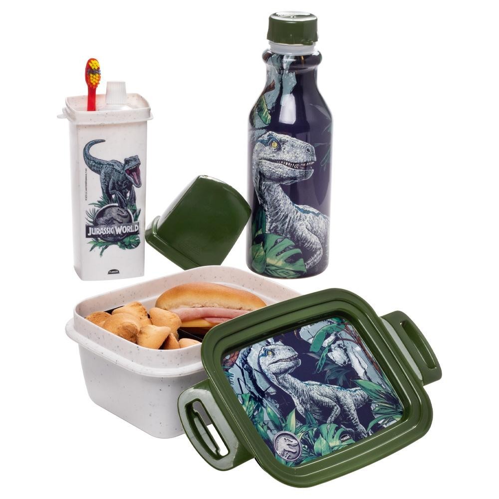 Kit Lancheira Jurassic World Dinossauro Volta às Aulas 1 Pote Marmita 1 Garrafa 1 Dental Case Plasútil