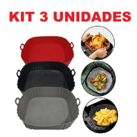 Imagem Kit 1/2/3 Formas de Silicone Quadrada 16x16cm Assadeira Air Fryer e Forno Forma para Fritadeira Elétrica com Alça Loong