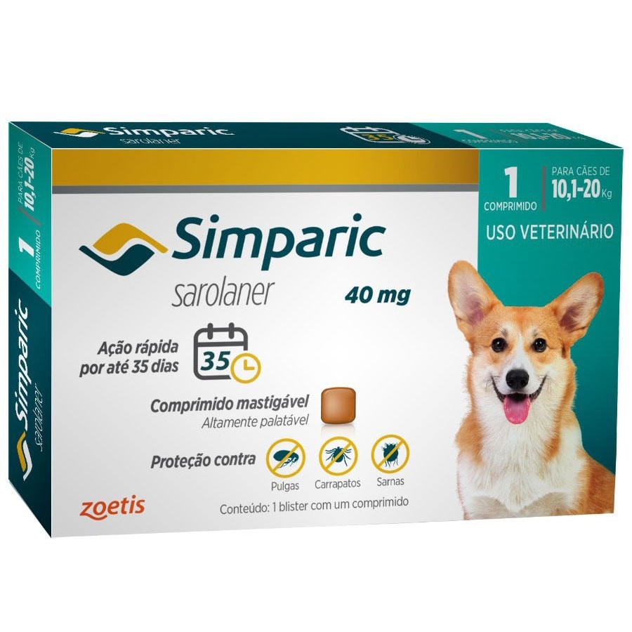 Simparic Antipulgas 40mg para Cachorros de 10,1 a 20 Kg Zoetis 1 comprimido em Oferta na Shopee