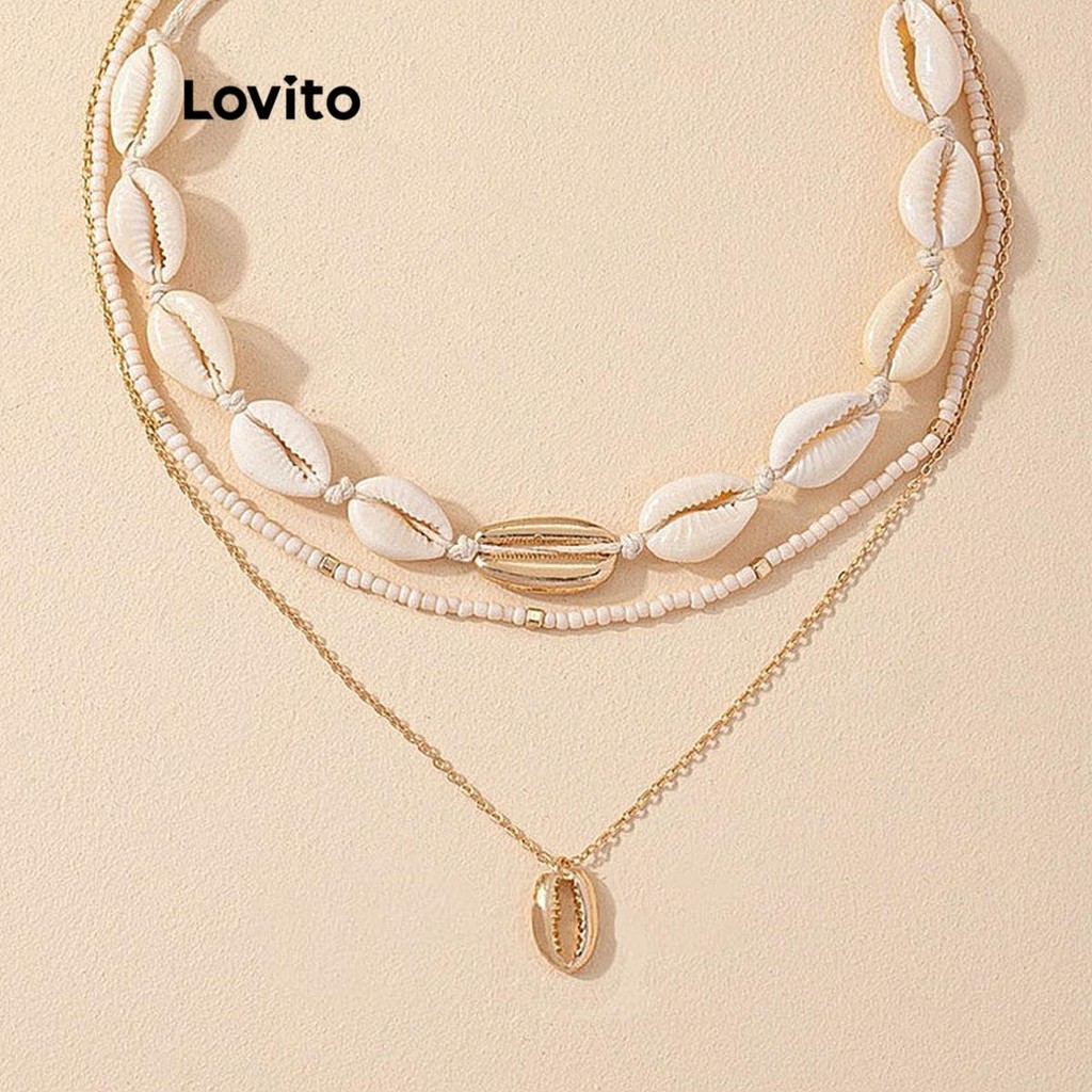 (Trendy) Lovito Boho Plain Shell peças com contas de corrente de Metal colares de férias para mulheres LFA71043 - Fashion Accessories