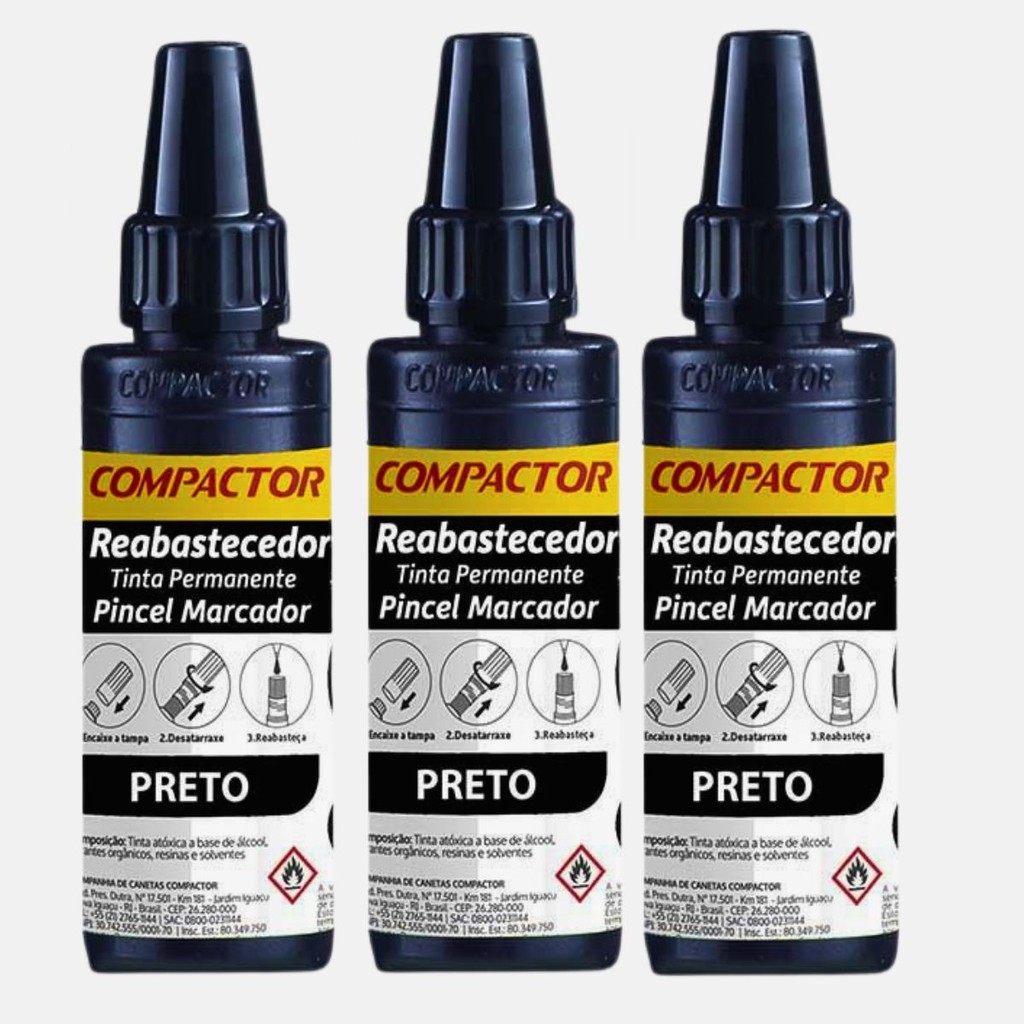 kit 3 Tintas Reabastecedoras preto para pincel marcador permanente cartaz compactor 30ml em Oferta na Shopee