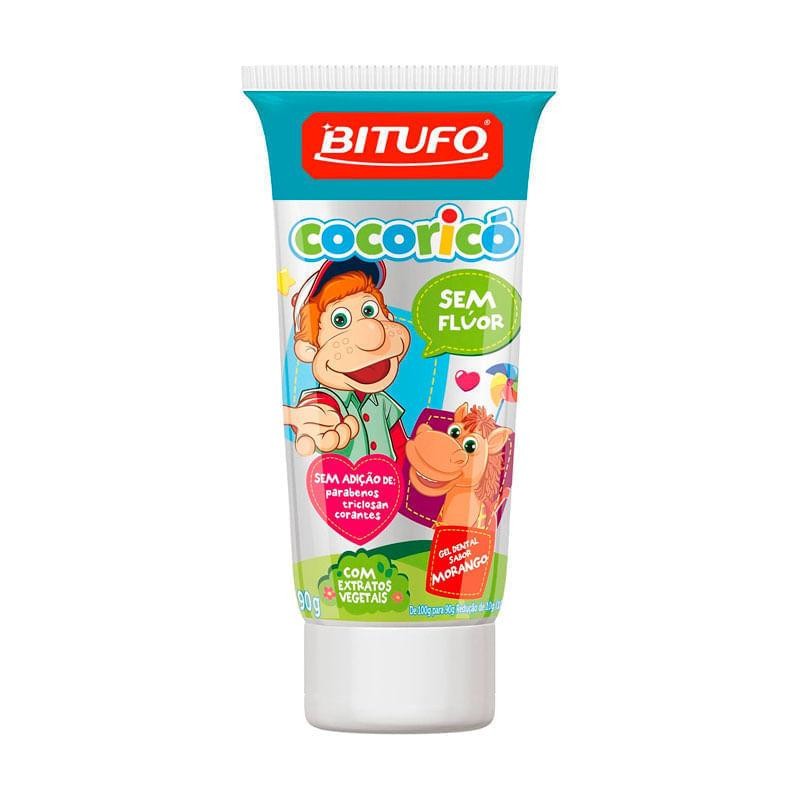 Gel Dental Bitufo Cocoricó Sem Flúor Sabor Morango 90g em Oferta na Shopee