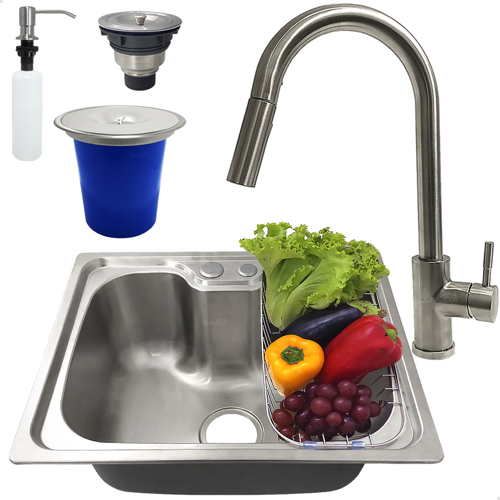 Kit Cozinha Cuba Gourmet Inox 304 50x40 Torneira Alta Lixeira 5 Litros Dispenser 500ml Valvula Sifao