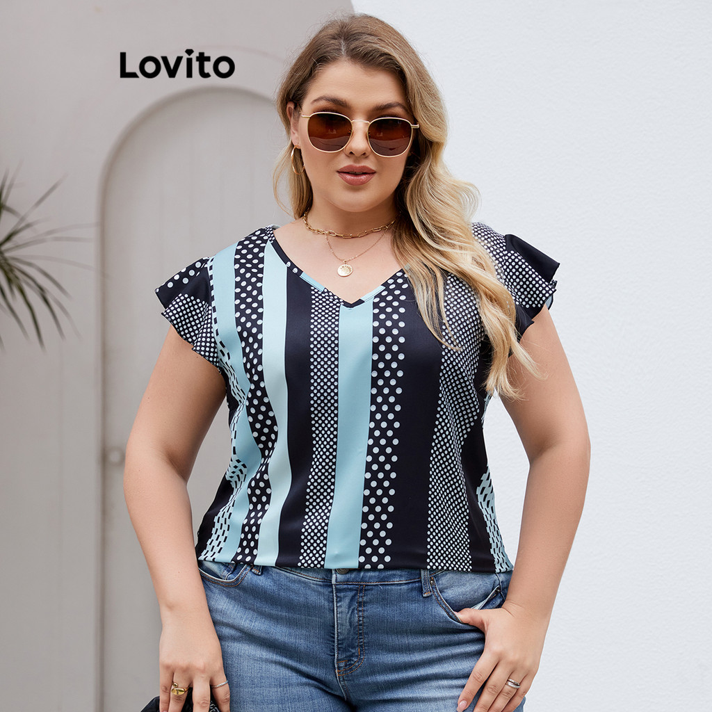 Lovito Blusa feminina Casual listrada com babados Plus Size  LBL21105 - Women Clothes