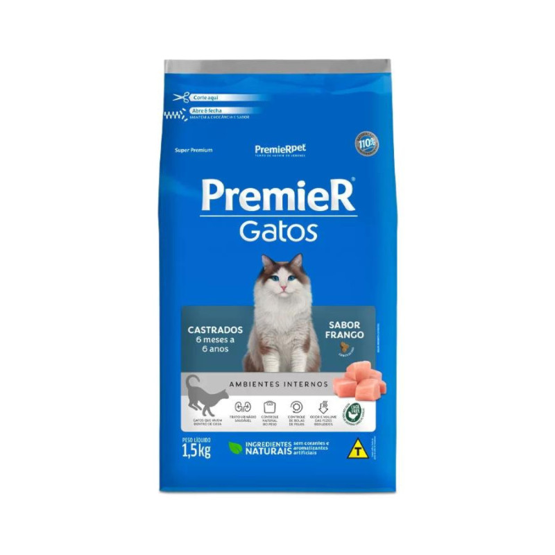 Ração PremieR Ambientes Internos Gatos Castrados para Gatos de 6 meses até 6 Anos Frango 1,5 kg em Oferta na Shopee
