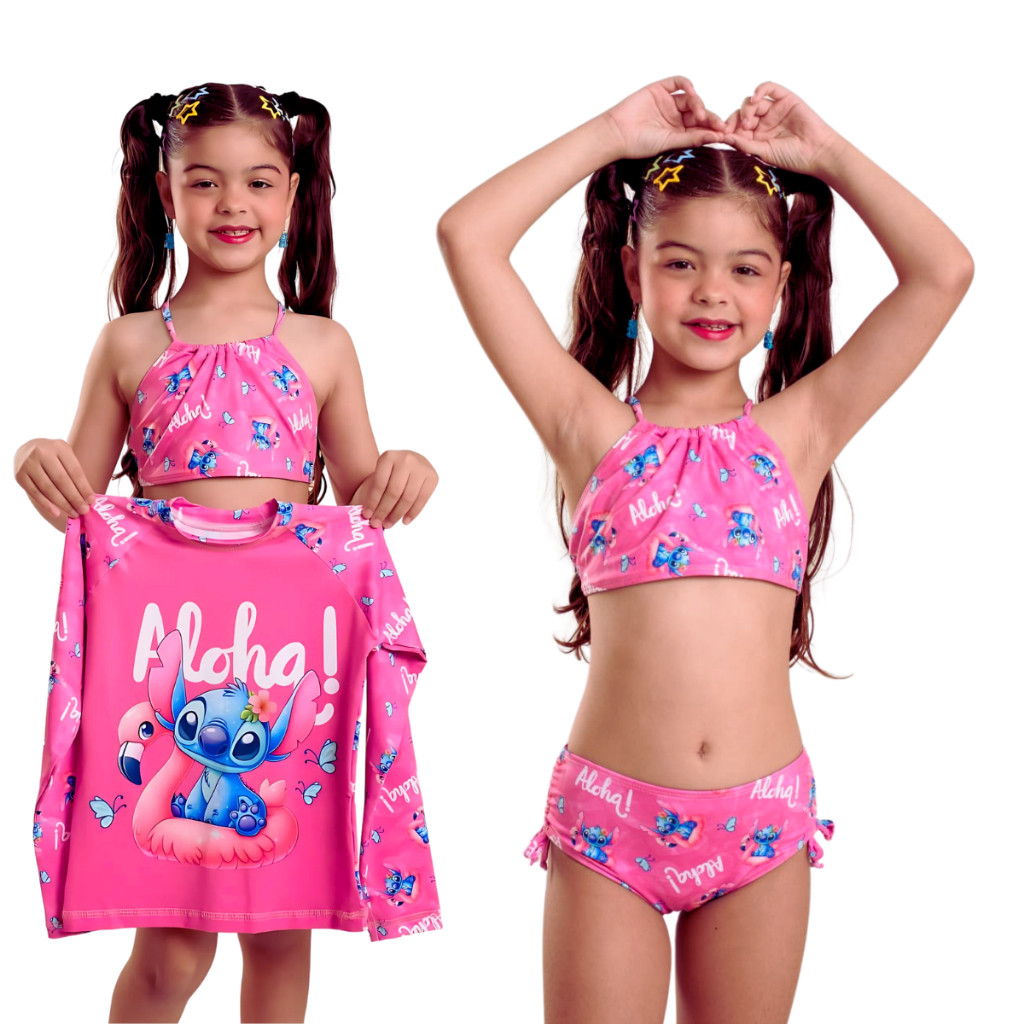 Kit Conjunto 3 Peças Biquíni E Blusa Proteção Uv 50+ Infantil Juvenil 4 ao 14 Personagem Stitch