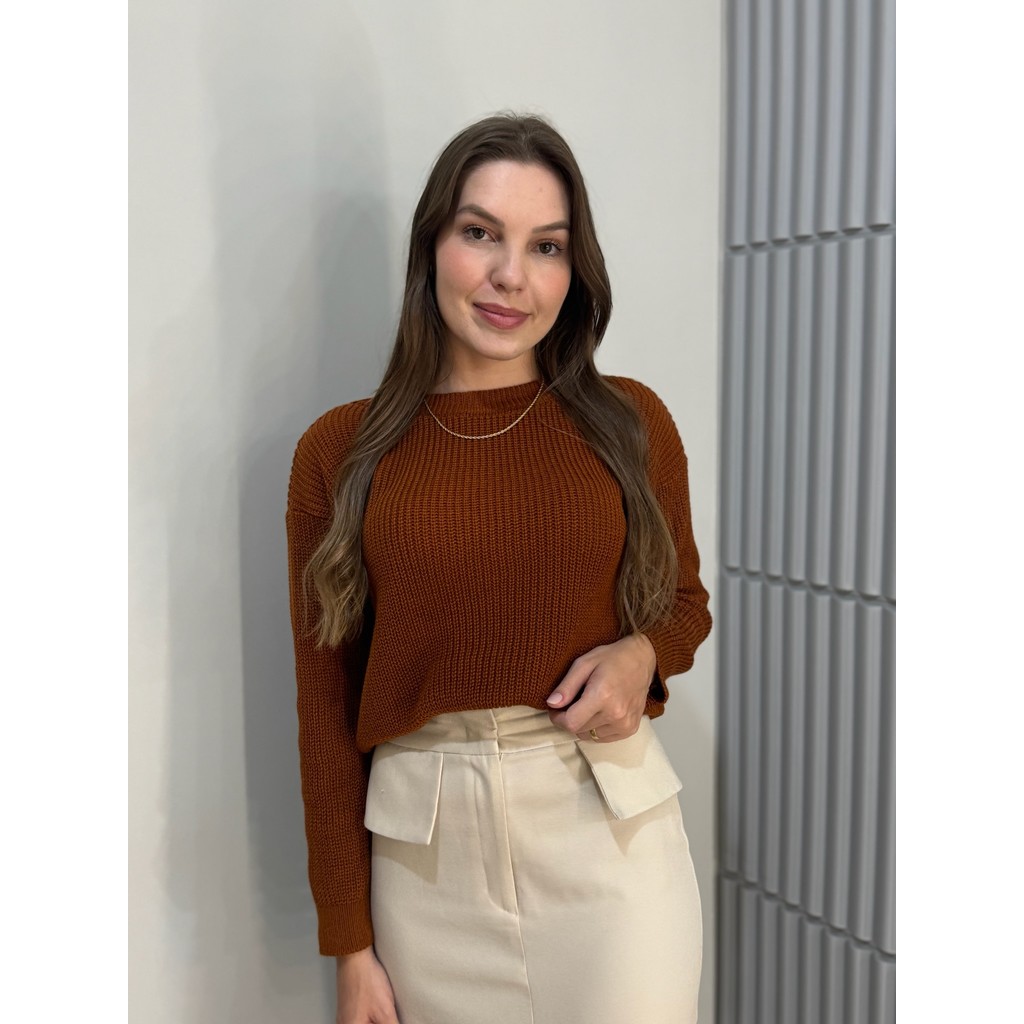 Blusa Tricô Inverno Ponto Fang Tricot Gola Redonda Manga Longa