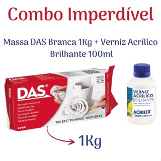 Kit - Massa Cerâmica Fria DAS Branca 1Kg + Verniz Acrílico Brilhante 100ml Acrilex em Oferta na Shopee
