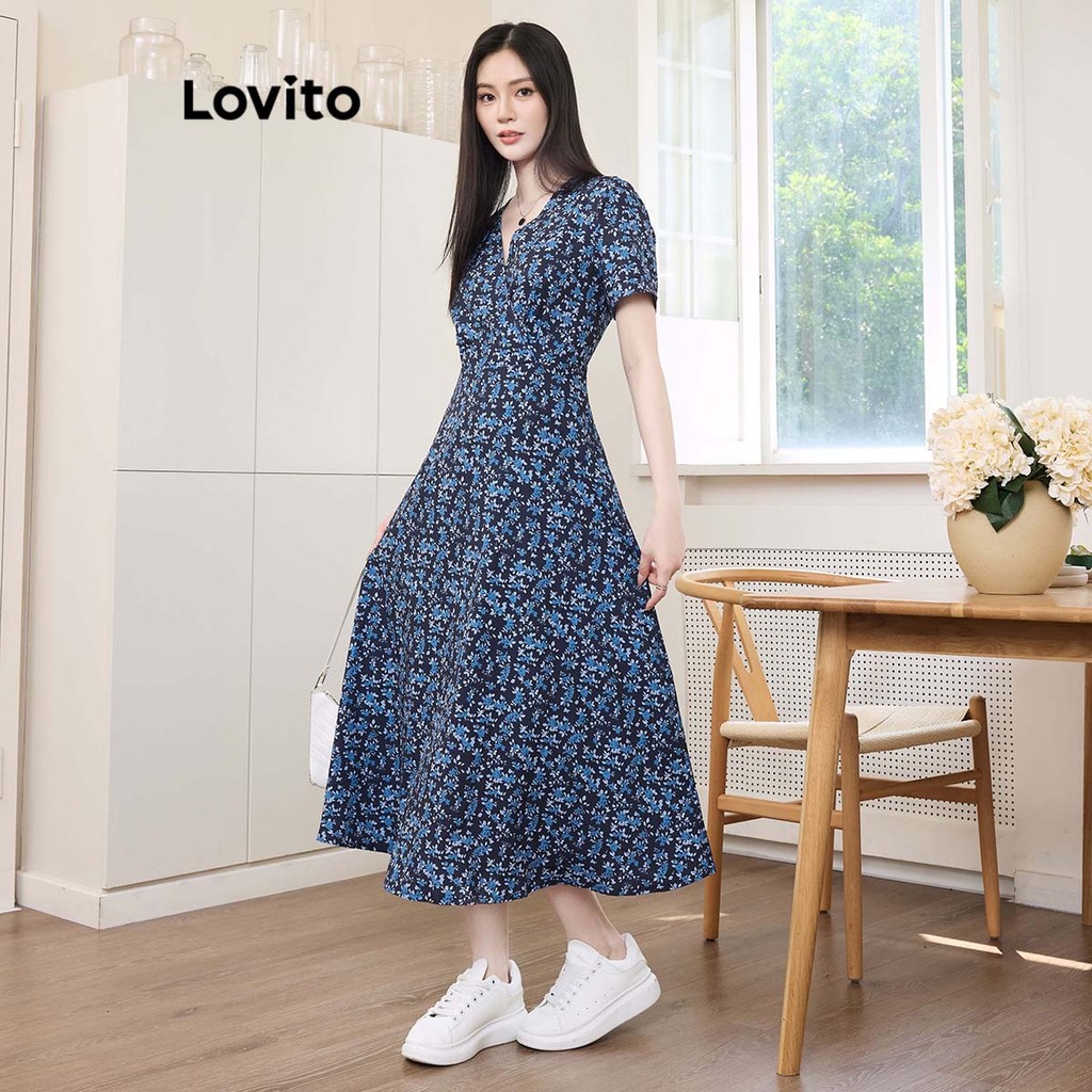Detalhes do Lovito Vestido Boho Ditsy Floral Structure Line Colorblock para mulheres L99ED335