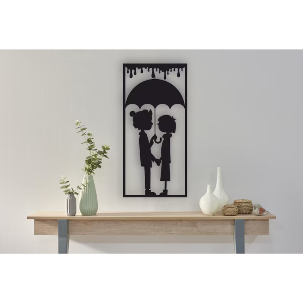 Quadro Decorativo de Ambientes Casal Guarda-Chuva em MDF Preto Fosco