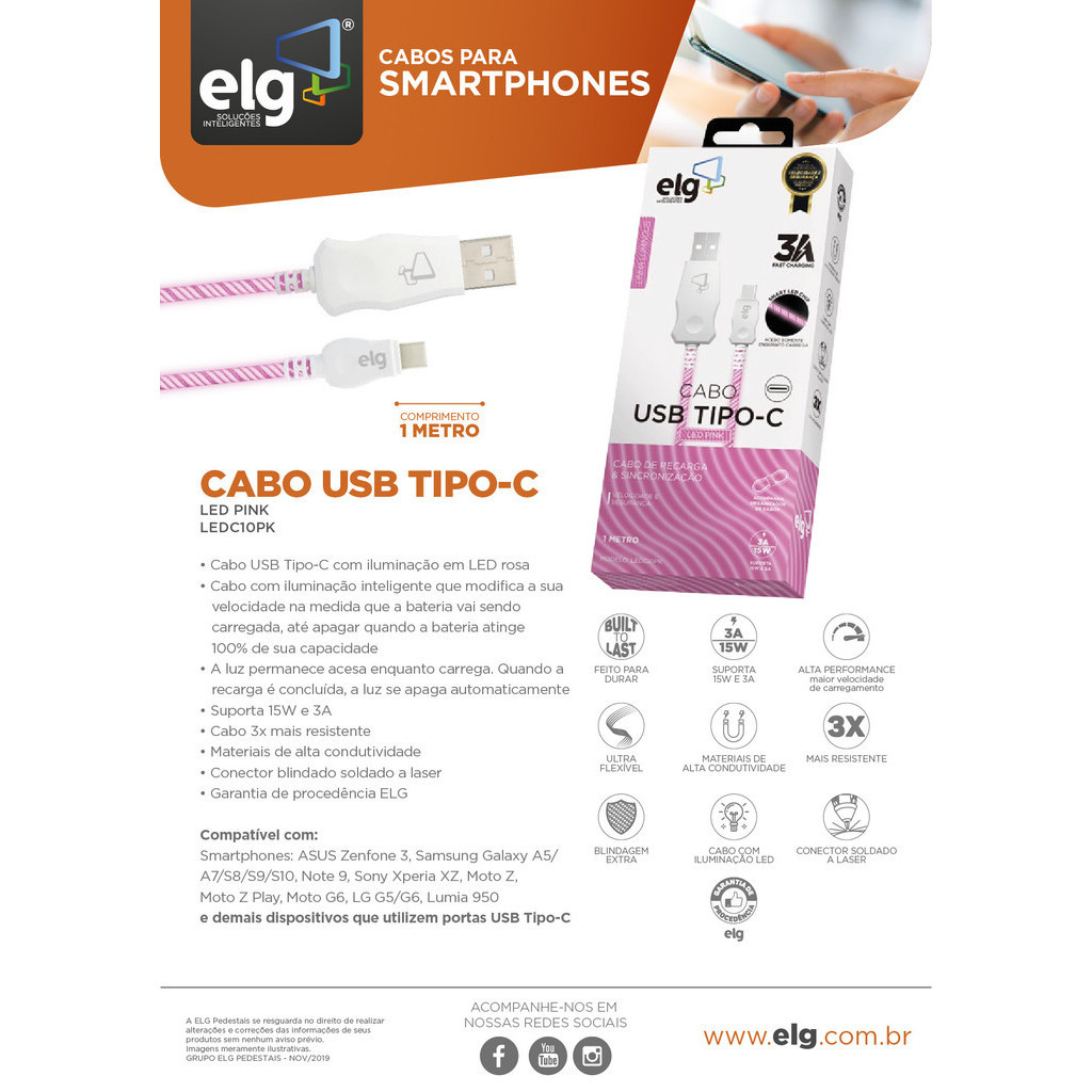 Cabo USB Tipo-C com LED Rosa, Sincronização e Recarga Rápida 15W 3A, 1 metro, LEDC10PK, ELG - detalhe