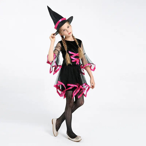 Vestido Traje Fantasia Infantil Halloween Dia das Bruxa Bruxinha Preto e Rosa Com Chapéu