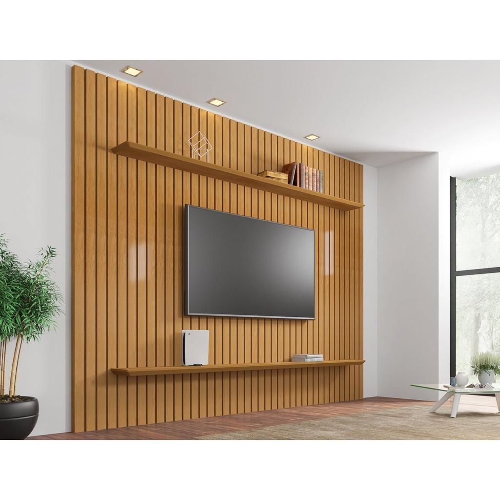 Painel para TV até 75 Polegadas Ripado 2 Prateleiras Roma Cinamomo - Home & Living