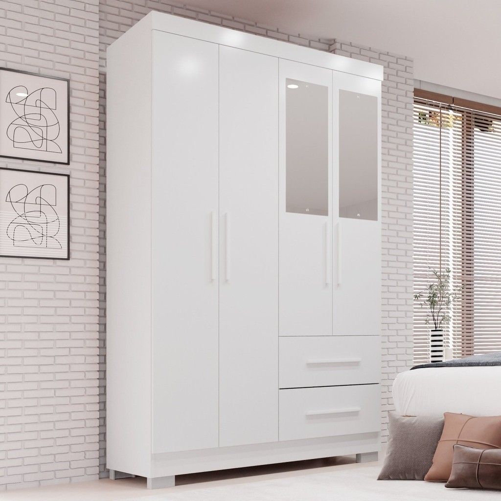 Guarda-roupa Solteiro 4 Portas com Espelho 2 Gavetas Estrela Premium - Home & Living