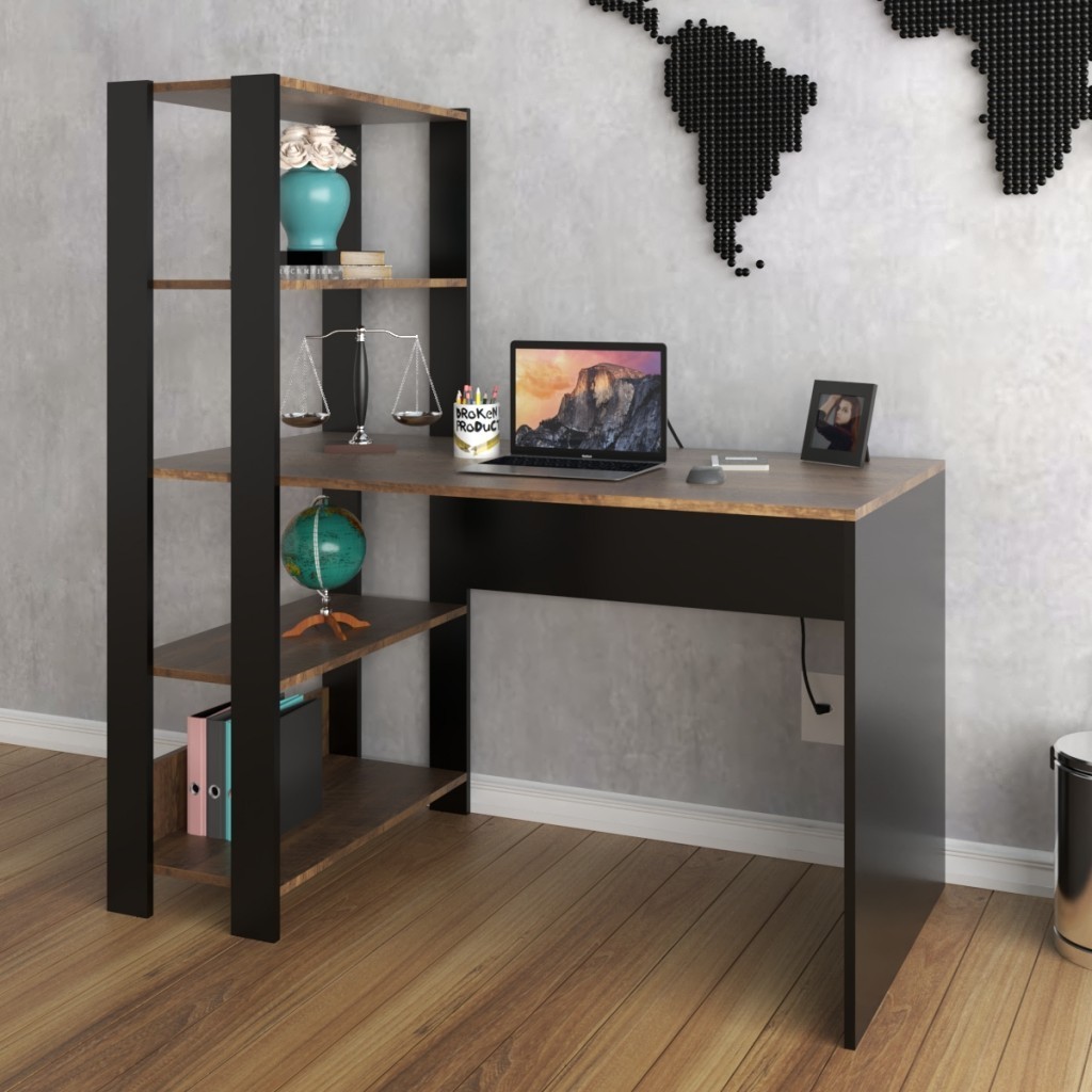 Mesa Escrivaninha Match 3 Prateleiras Pinho/Preto - Pnr Móveis em Oferta na Shopee