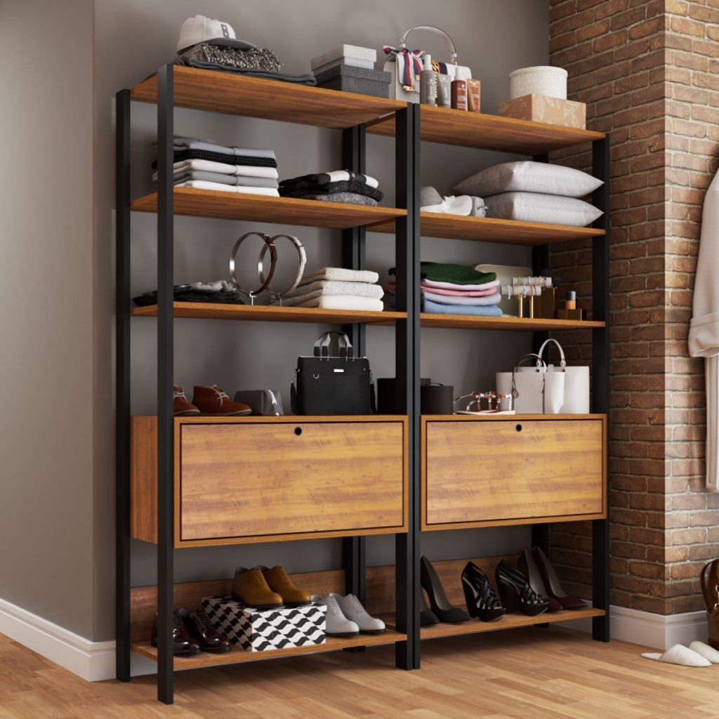 Closet Jade 2 Portas Basculantes 6 Prateleiras Pinho/Preto - Pnr Móveis em Oferta na Shopee