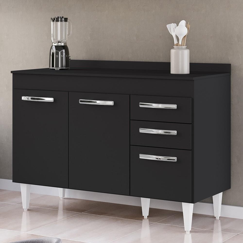 Balcão Gabinete Para Pia 120cm 3 Portas com Tampo Suécia Preto - Lumil em Oferta na Shopee