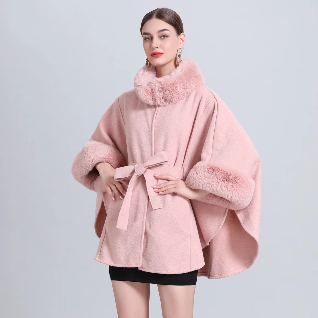 Longo Poncho Manto Falso Pele De Coelho O Pescoço Solto Casaco Com Cinto Inverno Streetwear Feminino Lã Cardigan