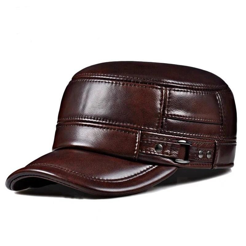 Winter Genuine Leather Cap Men's Flat Caps  Army Military Hat Elegant Man Baseball Cap British Vintage Cowhide Ear Warm