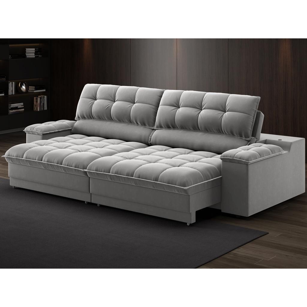 Sofá com Porta Copos e Carregador USB Ret Rec Luke 2,90m Veludocristal Cinza - NETSOFAS em Oferta na Shopee