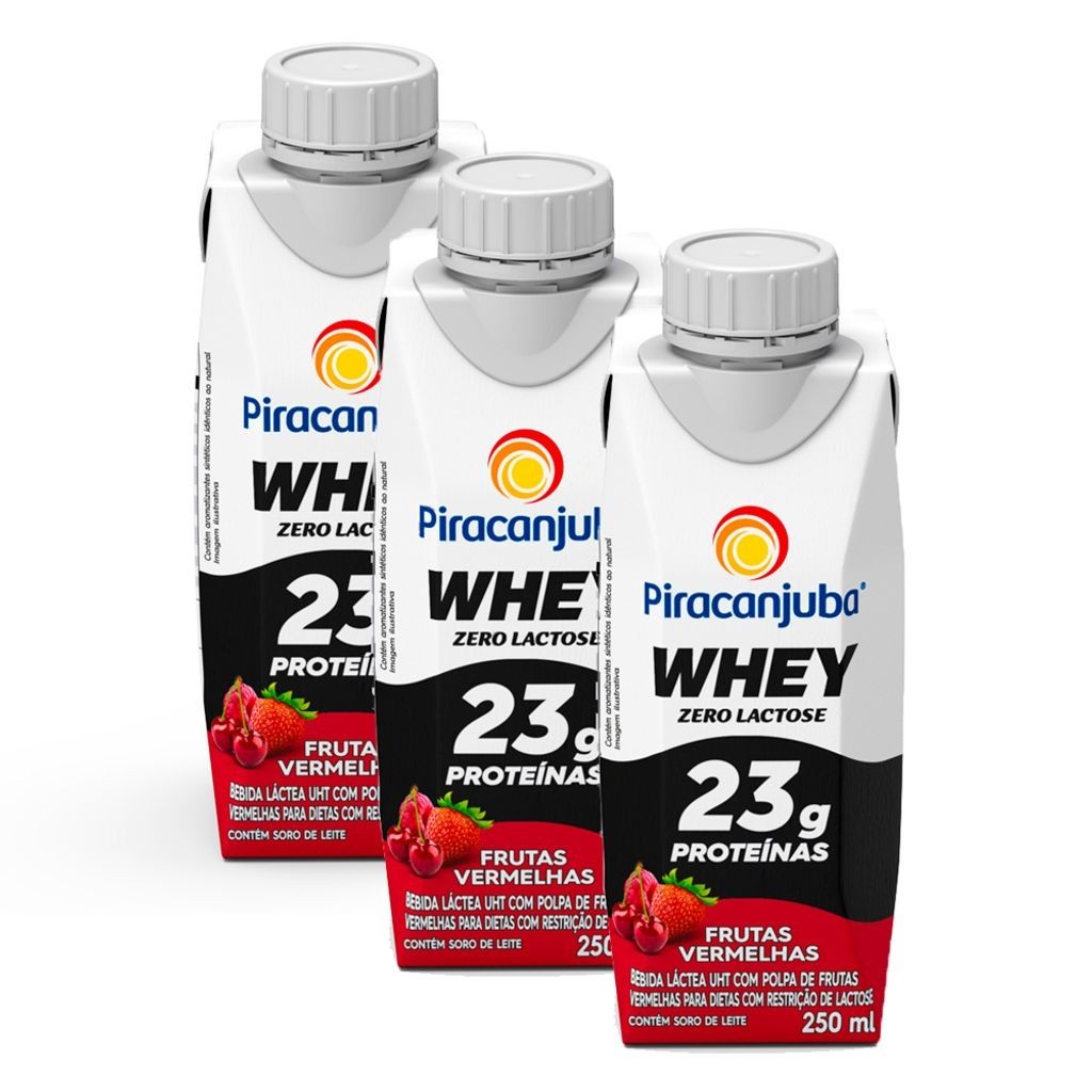 Bebida Láctea Piracanjuba Whey Zero Lactose Frutas Vermelhas 250ml | Kit com três unidades