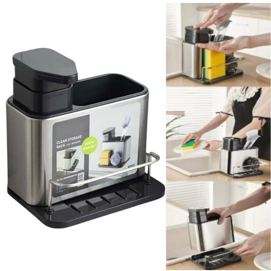Organizador Aço Inox De Pia Suporte Para Esponja Com Porta Detergente Dispenser Sabão Cozinha