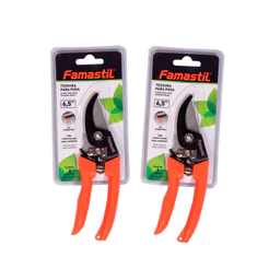 Tesoura para Poda Famastil 6,5” Aço Carbono Corte Preciso, Cabo Ergonômico Kit com 2