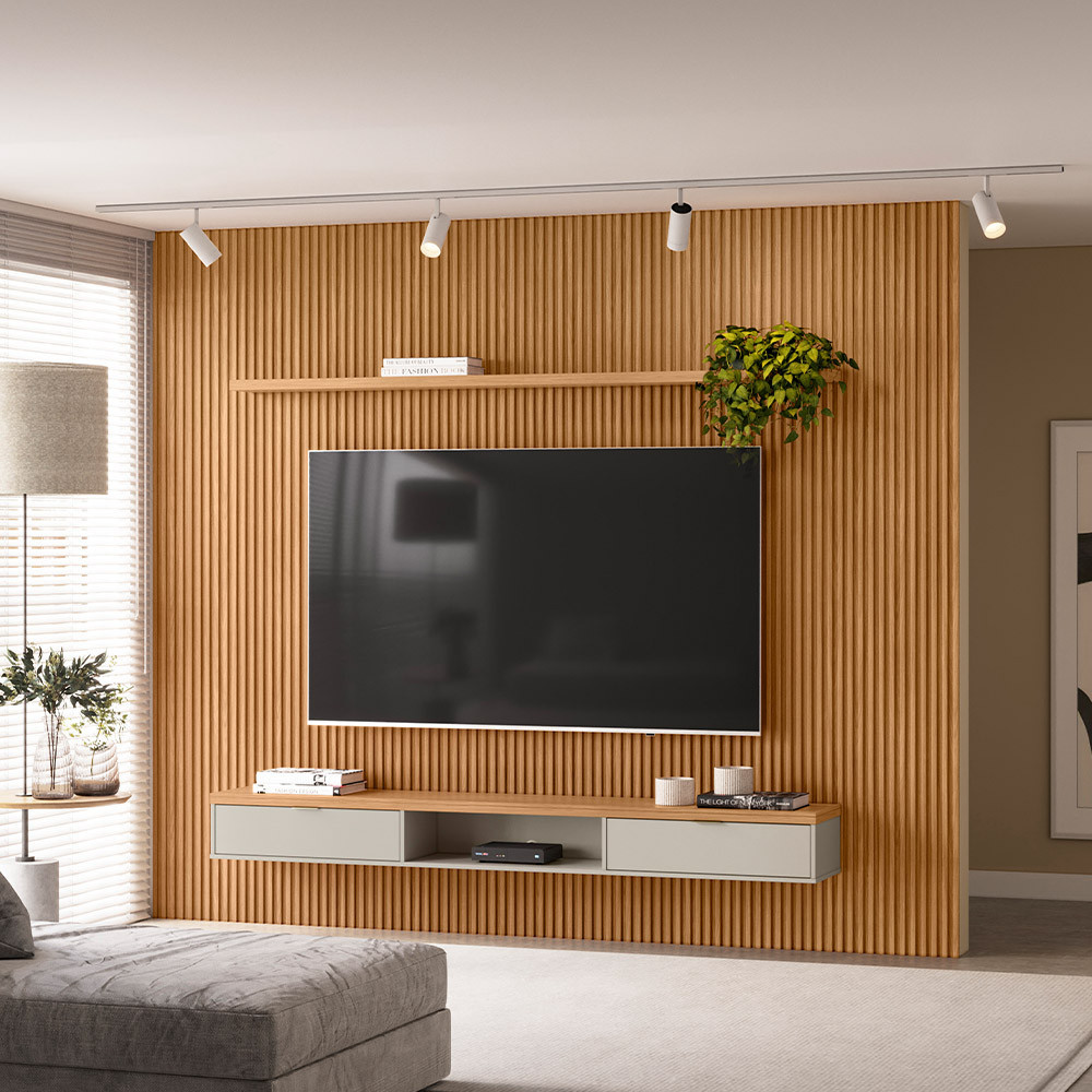 Painel Ripado Para TV 75 Pol Slats e Bancada Lisa 297x250cm L05 Nature Off White - Lyam D…